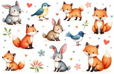 Obraz premium Seamless watercolor pattern with bunnies, foxes and birds on a white background