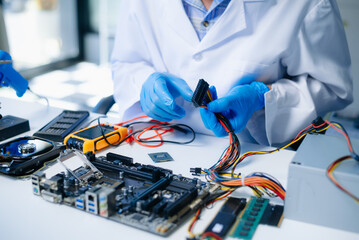 The technician repairing the motherboard in the lab with copy space. the concept of computer...