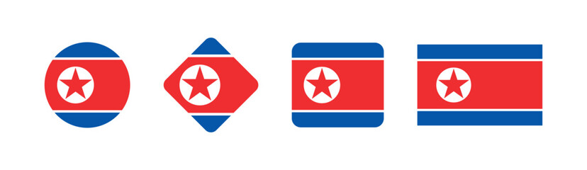 Vector North Korea National Flag icon collection. Set of North Korea Flag Icons in Various Shapes.