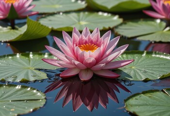 A vibrant pink water lily floats on a pond with its reflective image and surrounding green leaves