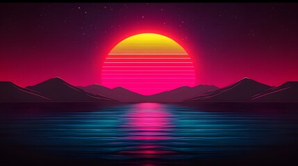 A vibrant sunset scene over calm water at dusk