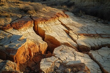 Cracked earth reveals layers of orange and beige sediment, showcasing erosion and geological history in a desert landscape.