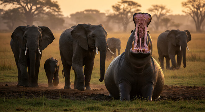Hippo Yawning with Elephants at Sunset in African Savanna