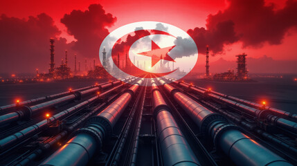 Oil pipelines leading to a refinery, overlaid with the Tunisia flag. A concept of energy industry, fuel production, and economic power.
