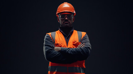 Confident Construction Worker in Orange Safety Vest and Hard Hat with Arms Crossed Against Dark Background