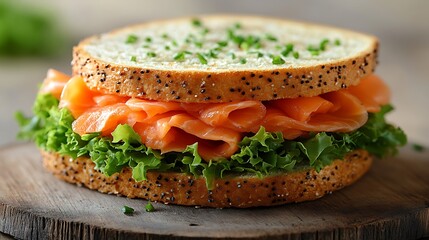 Smoked salmon sandwich on poppy seed bun with lettuce and chives.
