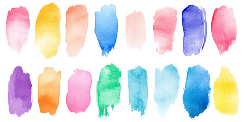 Watercolor color swatches, soft pastel colors, brush strokes isolated on a white background.