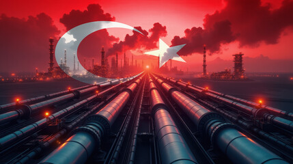 Oil pipelines leading to a refinery, overlaid with the Turkey flag. A concept of energy industry, fuel production, and economic power.