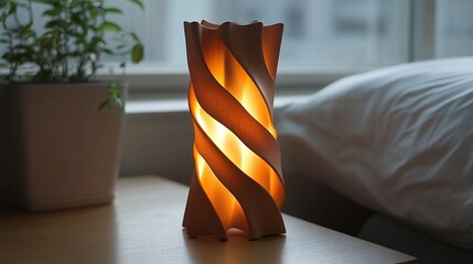 abstract wooden lamp next to the bed