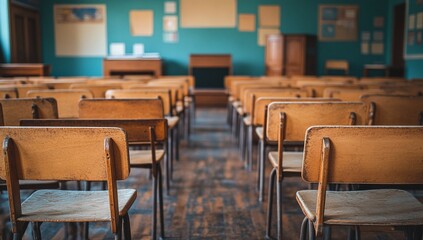 Empty wooden chairs in a vintage classroom.  Rows of desks create a quiet, nostalgic atmosphere.