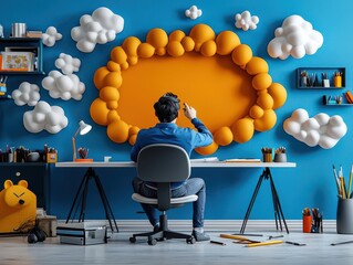 A creative individual sits at a desk, surrounded by playful decor, engaged in artistic work against a vibrant, cloud-filled wall.