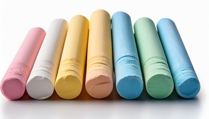 a gaggle of colourful yellow white blue green and purple chalk sticks isolated on a white history