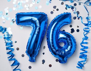 Blue balloon number 76 for seventy-sixth birthday or anniversary party. White background with confetti