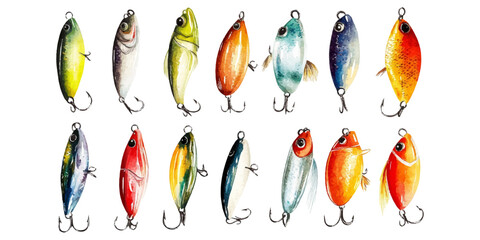 Watercolor fishing hook and lure clip art set on a white background