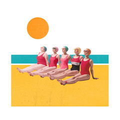 Group of five women in colorful swimsuits and vintage caps sitting in synchronized pose under sun...