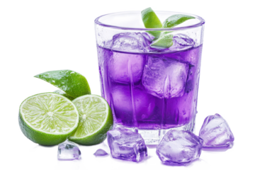 Purple drink with ice cubes and limes on a Isolated on white transparent background a clear glass cup refreshment