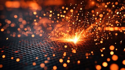 Fiery sparks exploding on metallic grid background
