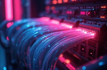 Fiber optic cables glowing, transferring data inside computer server. Neon lights, tech background. Digital communication, high-speed data transfer, internet connection.
