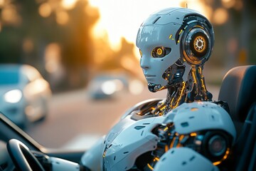 Fototapeta premium A robot is sitting in a car. taxi humanoid robot driving a car, cinematic.