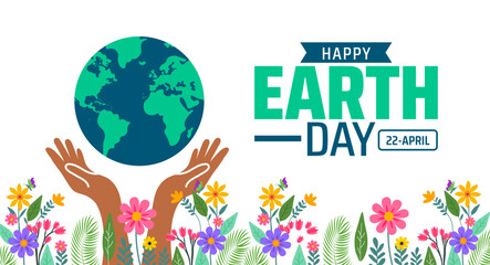 happy world earth day world map and flower design background banner or poster design template. observed every year in April. Holiday concept. Use to any Template, card, poster, placard, template.