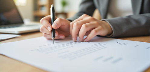 Legal Contract Signature – Woman Signing Insurance Policy Document for Compliance and Financial Agreements  