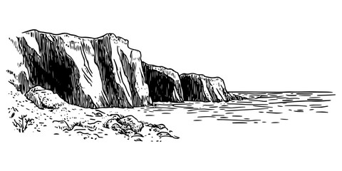 coastal cliffs above the sea dramatic seashore vintage vector illustration in monochrome style © Kaz