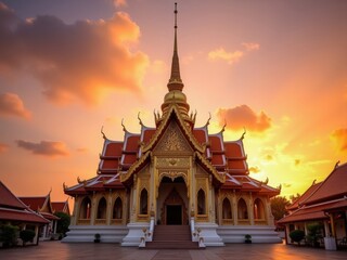 Fototapeta premium Ornate temple glowing under a sunset, rich in golden details and surrounded by structures