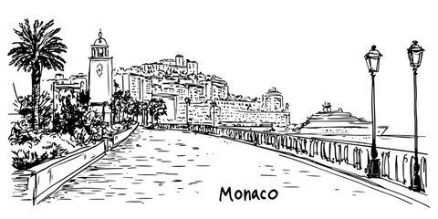 monaco city view with palace hill and harbor promenade vector doodle sketch city panorama © Kaz