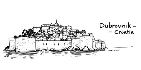 Obraz premium dubrovnik old town with city walls and sea view vector doodle sketch city panorama
