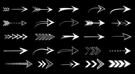 Directional Arrows Collection: A versatile collection of stylized directional arrows in various designs, pointing towards diverse directions, set against a stark backdrop.