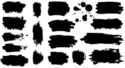 Brushstroke Set: An assortment of artistic brushstrokes in varying shapes and sizes, perfect for adding a creative and textured element to designs. Each mark, rendered in bold black.
