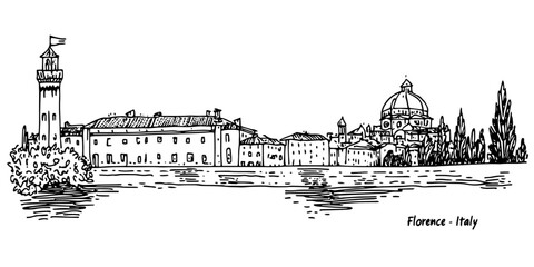 florence city skyline with dome and riverside buildings vector doodle sketch city panorama