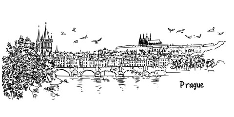 prague charles bridge with castle and towers vintage retro city panorama landscape vector illustration engraved hand drawn sketch woodcut style © Kaz