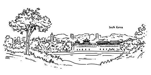 Obraz premium south korea palace garden and skyline vintage retro city panorama landscape vector illustration engraved hand drawn sketch woodcut style