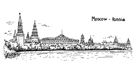 Fototapeta premium moscow kremlin view from river side vintage retro city panorama landscape vector illustration engraved hand drawn sketch woodcut style