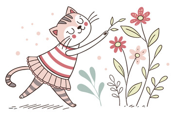 36 Whimsical cat illustration, dancing cat in tutu, striped shirt, holding plant, colorful flowers, playful, childlike drawing style, pastel colors, white background, cheerful, hand-drawn aesthetic, f