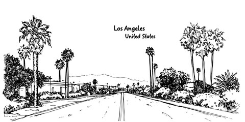 los angeles street with palm trees and hills vintage retro city panorama landscape vector illustration engraved hand drawn sketch woodcut style © Kaz