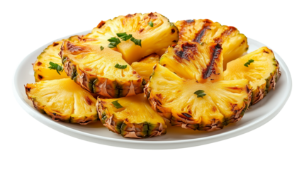 pineapple grilled slices on white plate isolated on transparent background