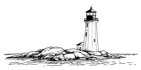 lighthouse on rocky coast hand drawn modern sketch illustration in doodle simple engraved style © Kaz