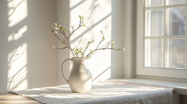 Bright and Airy Scandinavian Kitchen with Vase of Flowers on the Table