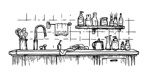 kitchen interior room black vector in hand made isolated design on white background