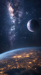 Obraz premium Stunning view of Earth from space with a moon and the Milky Way galaxy