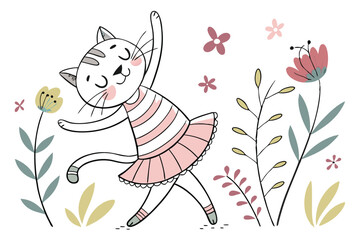 36 Whimsical cat illustration, dancing cat in tutu, striped shirt, holding plant, colorful flowers, playful, childlike drawing style, pastel colors, white background, cheerful, hand-drawn aesthetic, f