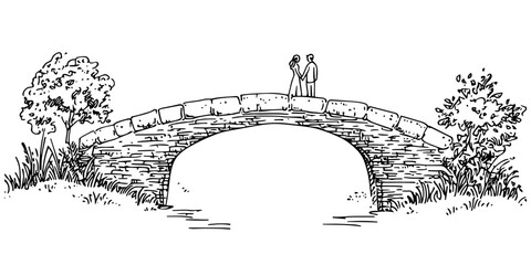 romantic couple on stone bridge black vector in hand made isolated design on white background