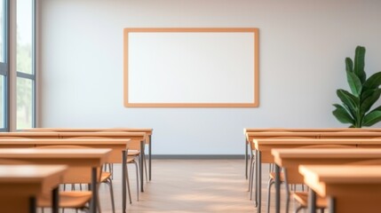 Empty classroom with wooden desks, large windows, and a blank whiteboard, creating a calm and organized learning environment.
