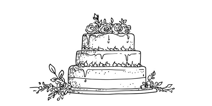 wedding cake with flowers black vector in hand made isolated design on white background