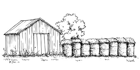 hay bales next to barn traditional doodle sketch hand made design vector © Kaz