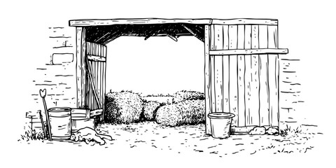 country barn with hay bales traditional doodle sketch hand made design vector © Kaz