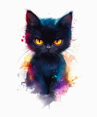 Watercolor illustration of a black kitten with yellow eyes isolated on white background.