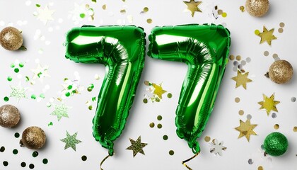 Green balloon number 77 for seventy-seventh birthday or anniversary party. White background with confetti